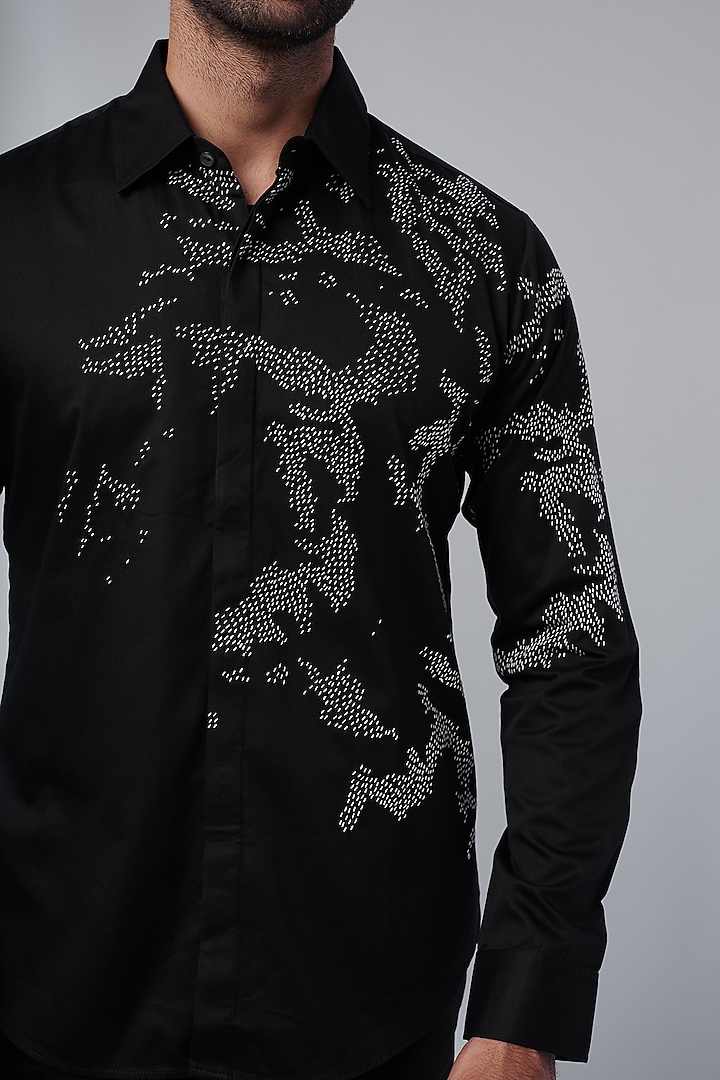 Black Cotton Satin Embroidered Party Wear Shirt by Countrymade at Pernia's Pop Up Shop