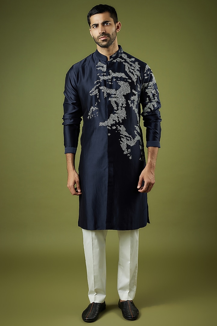 Navy Blue Chanderi Hand Embroidered Kurta Set by Countrymade