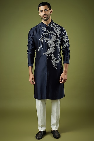 Navy Blue Chanderi Hand Embroidered Kurta Set by Countrymade