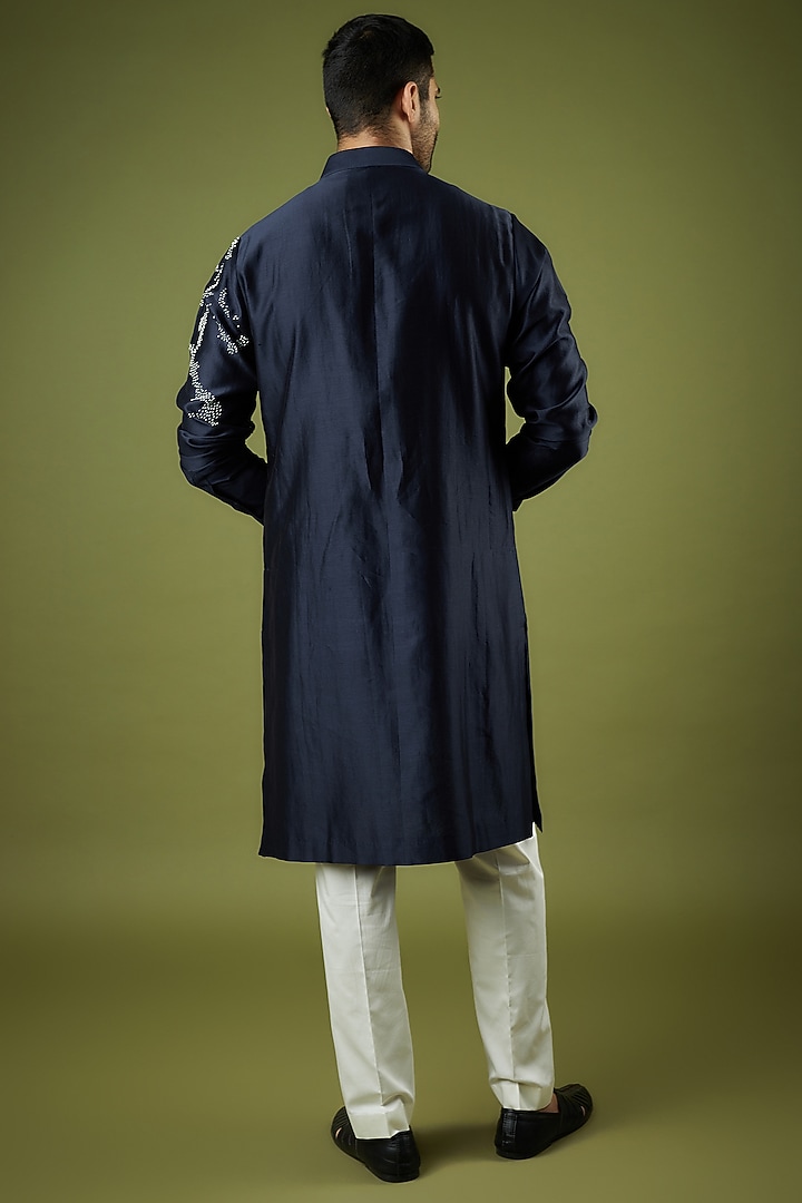 Navy Blue Chanderi Hand Embroidered Kurta Set by Countrymade at Pernia's Pop Up Shop