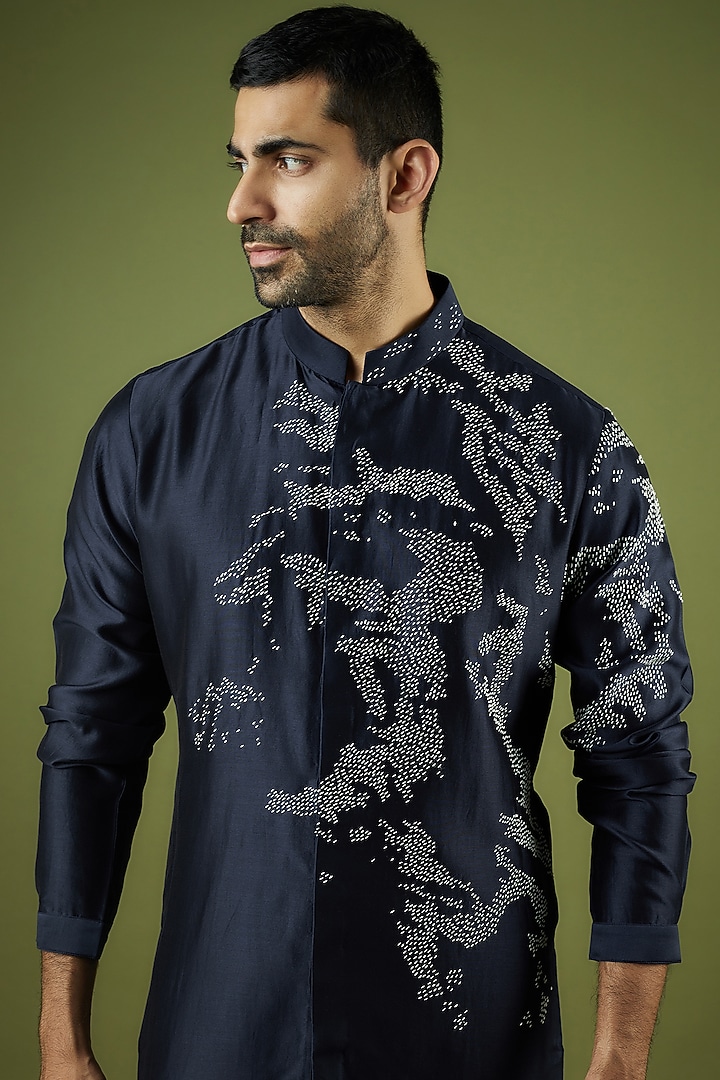 Navy Blue Chanderi Hand Embroidered Kurta Set by Countrymade at Pernia's Pop Up Shop