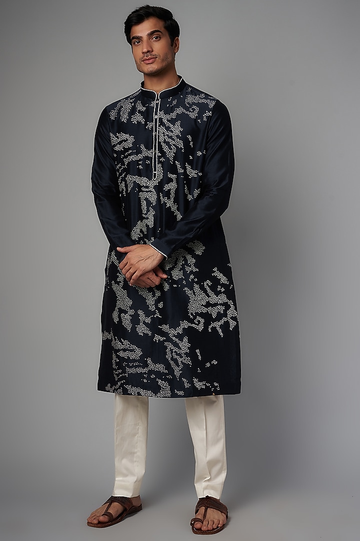 Navy Blue Chanderi Hand Embroidered Kurta Set by Countrymade at Pernia's Pop Up Shop