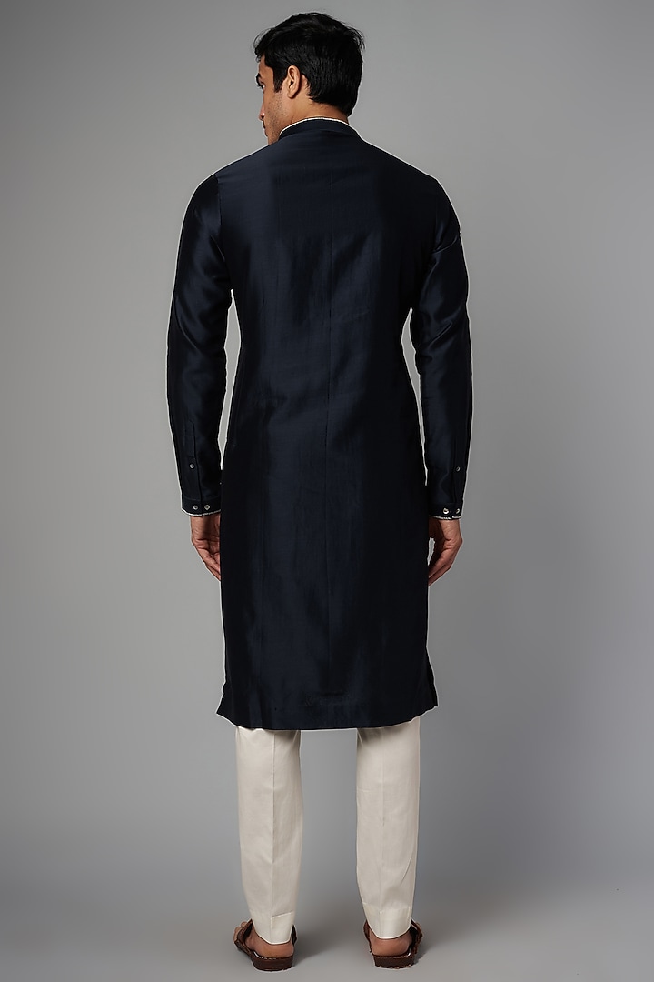 Navy Blue Chanderi Hand Embroidered Kurta Set by Countrymade at Pernia's Pop Up Shop