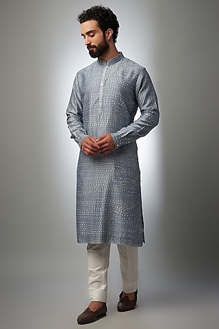 Light Blue Pure Silk Bandhani Printed Kurta by Countrymade