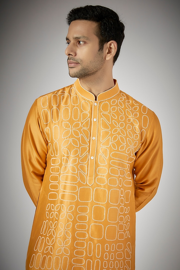 Mustard Cotton Silk Hand Embroidered Kurta Set by Countrymade at Pernia's Pop Up Shop