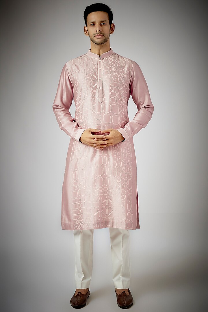 Old Rose Cotton Silk Hand Embroidered Kurta Set by Countrymade