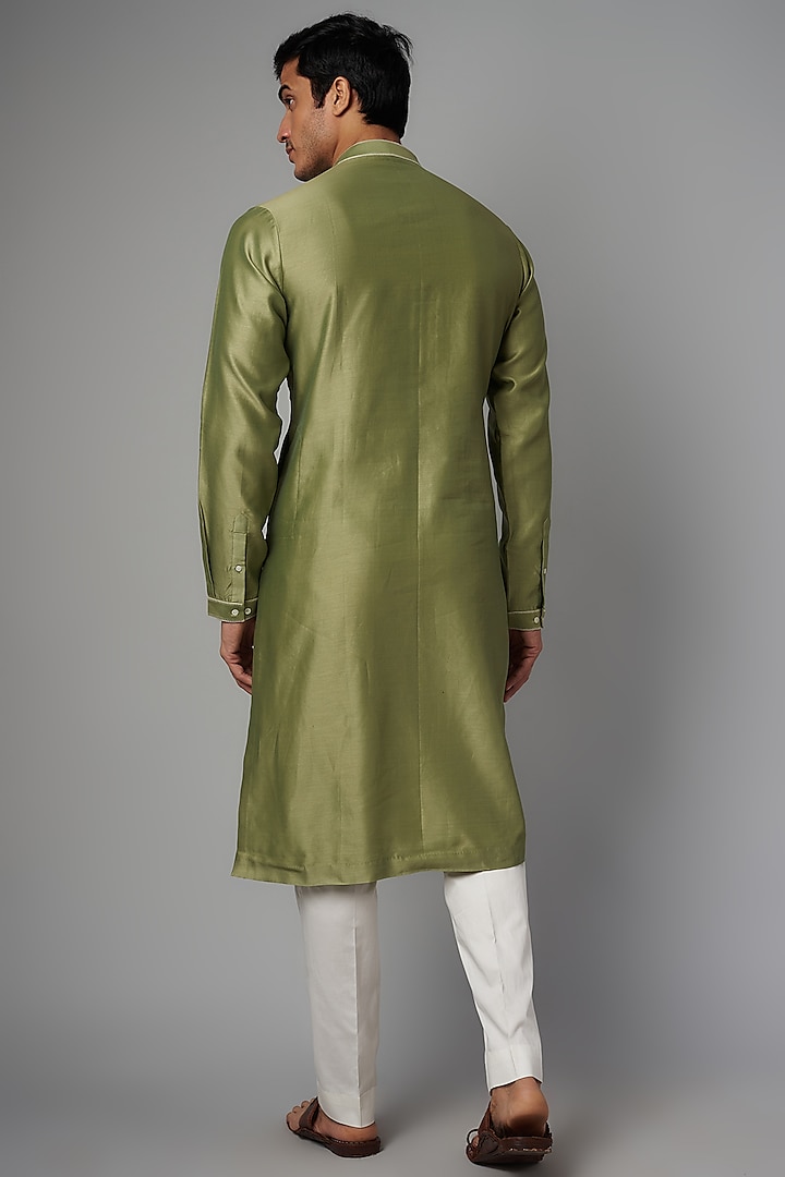 Sage Green Chanderi Hand Embroidered Kurta Set by Countrymade