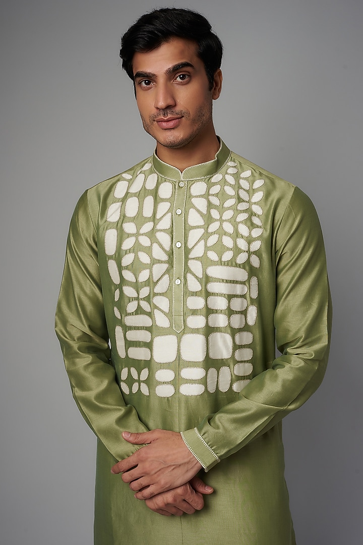 Sage Green Chanderi Hand Embroidered Kurta Set by Countrymade at Pernia's Pop Up Shop