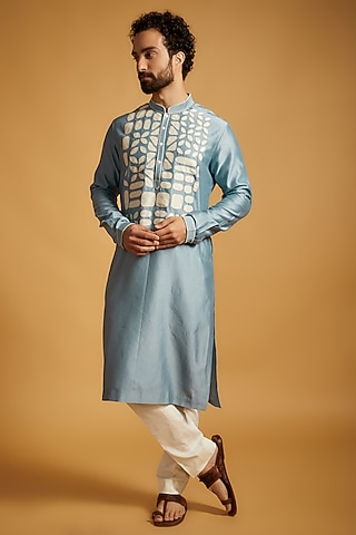Light Blue Chanderi Hand Embroidered Kurta Set by Countrymade