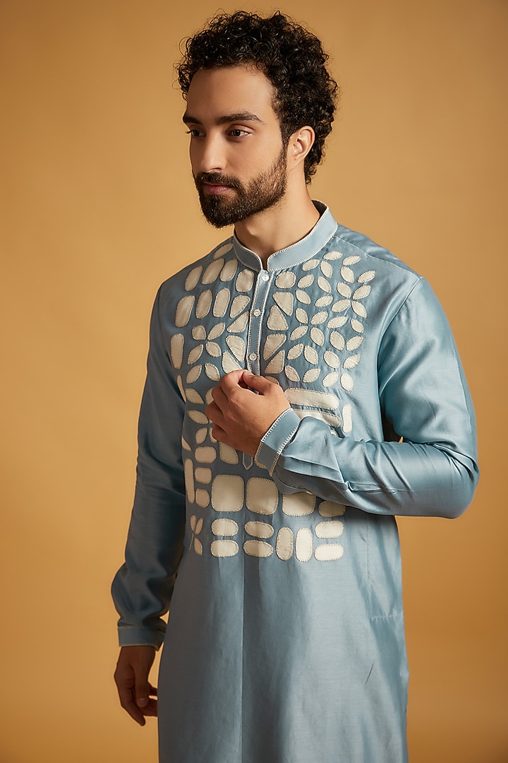 Light Blue Chanderi Hand Embroidered Kurta Set by Countrymade at Pernia's Pop Up Shop