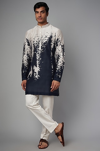 Navy Blue Ombre Chanderi Silk Printed Kurta by Countrymade