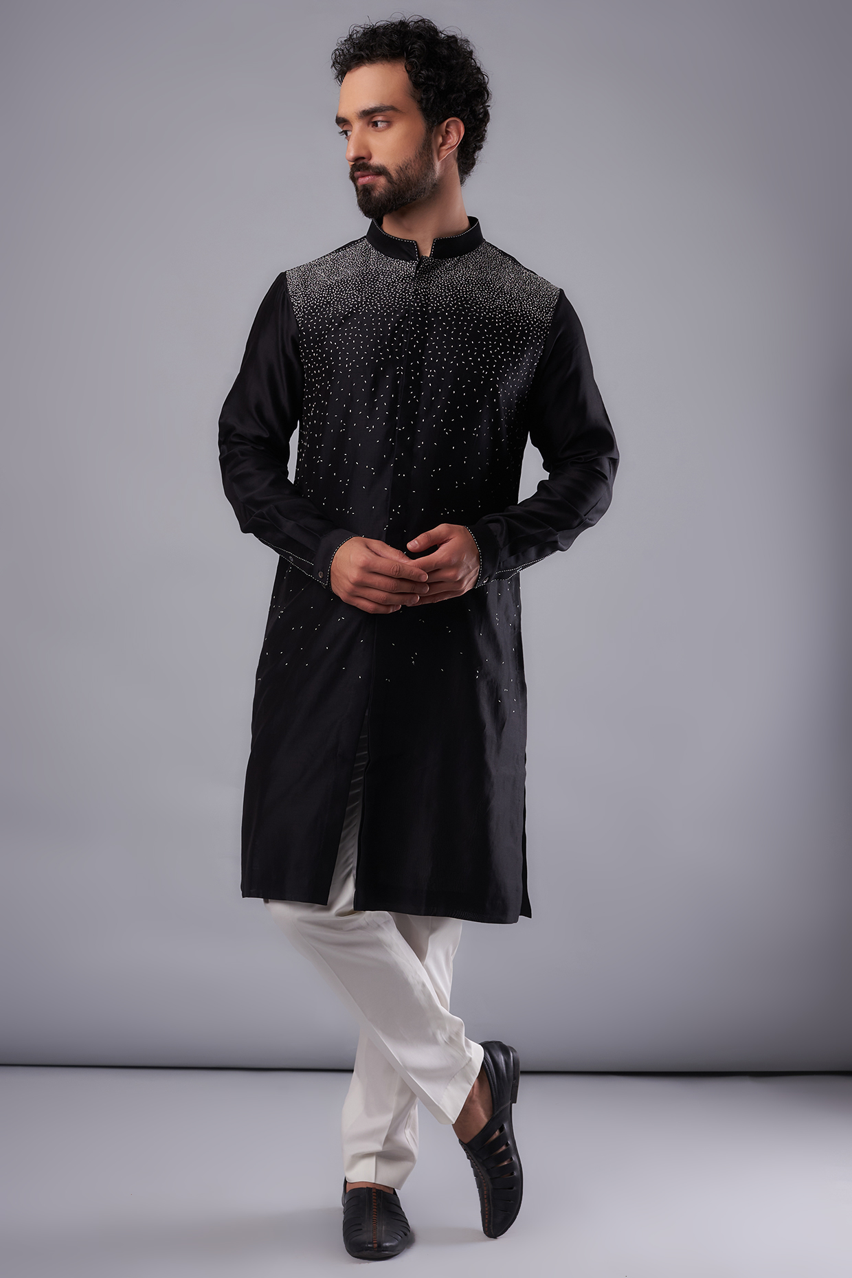 Black Chanderi Silk Hand Embroidered Kurta Set by Countrymade