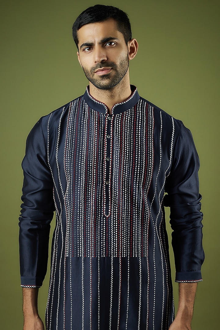 Navy Blue Chanderi Embroidered Kurta Set by Countrymade at Pernia's Pop Up Shop