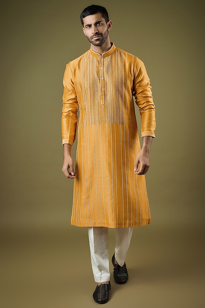 Mustard Chanderi Embroidered Kurta Set
 by Countrymade