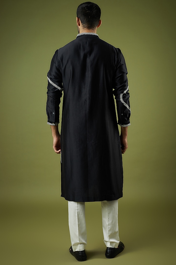 Black Matka Silk Hand Embroidered Kurta Set by Countrymade at Pernia's Pop Up Shop
