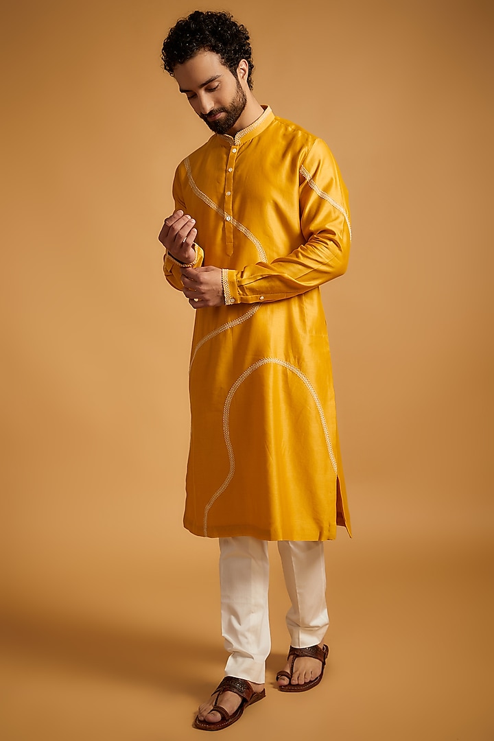 Mustard Cotton Silk Hand Embroidered Kurta Set by Countrymade