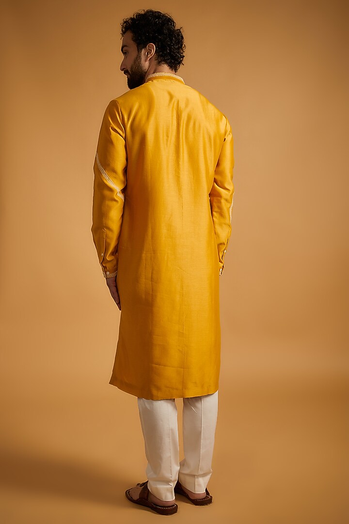 Mustard Cotton Silk Hand Embroidered Kurta Set by Countrymade at Pernia's Pop Up Shop