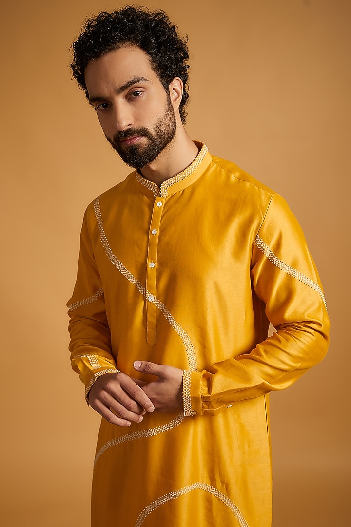 Mustard Cotton Silk Hand Embroidered Kurta Set by Countrymade at Pernia's Pop Up Shop
