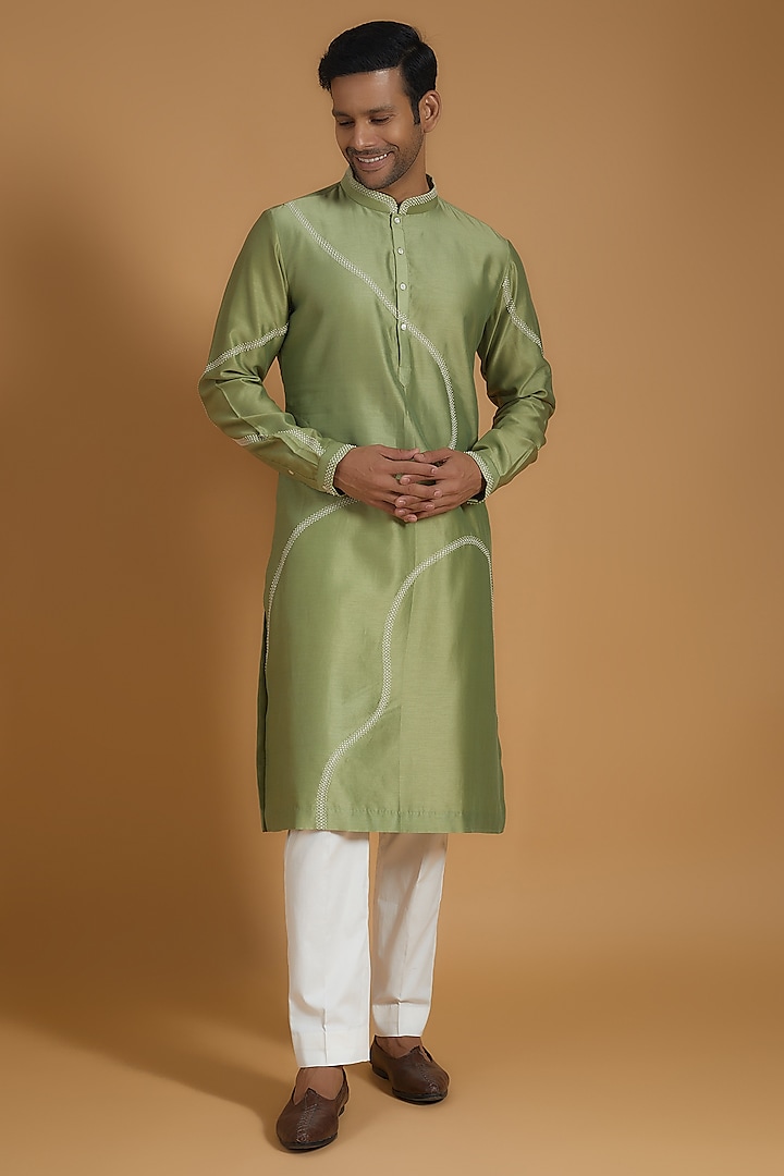 Sage Green Cotton Silk Hand Embroidered Kurta Set by Countrymade