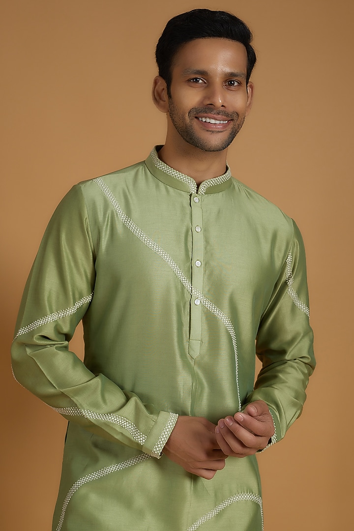 Sage Green Cotton Silk Hand Embroidered Kurta Set by Countrymade at Pernia's Pop Up Shop