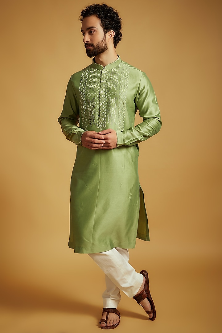 Sage Green Chanderi Hand Embroidered Kurta Set by Countrymade