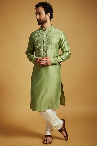 Sage Green Chanderi Hand Embroidered Kurta Set by Countrymade