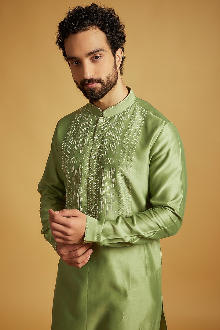 Sage Green Chanderi Hand Embroidered Kurta Set by Countrymade at Pernia's Pop Up Shop