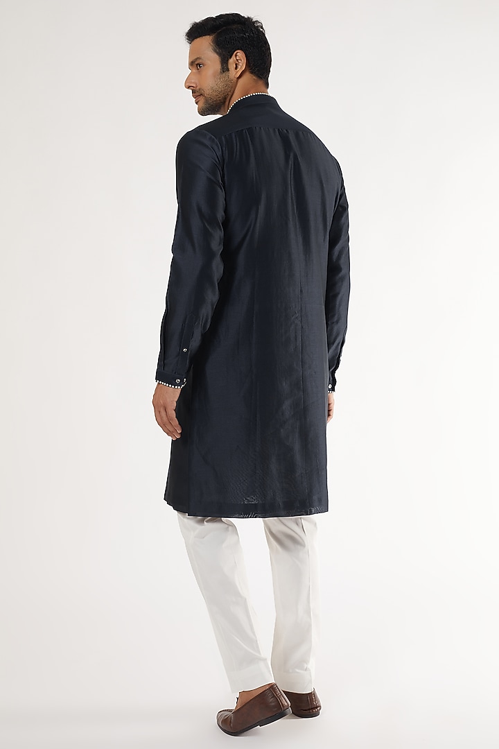 Navy Blue Chanderi Hand Embroidered Kurta Set by Countrymade at Pernia's Pop Up Shop