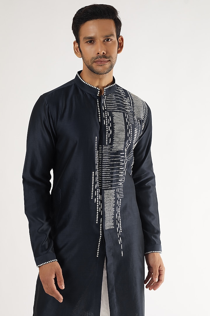 Navy Blue Chanderi Hand Embroidered Kurta Set by Countrymade at Pernia's Pop Up Shop
