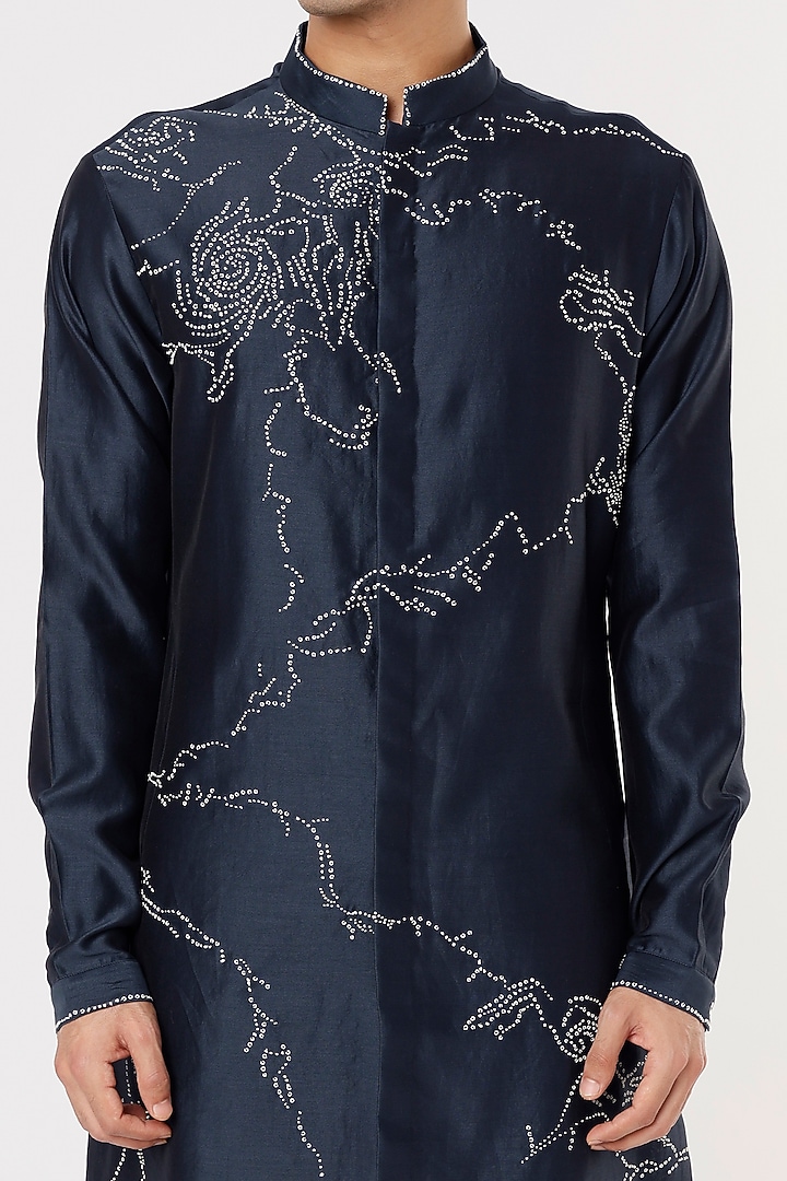 Navy Blue Chanderi Embroidered Kurta Set by Countrymade at Pernia's Pop Up Shop