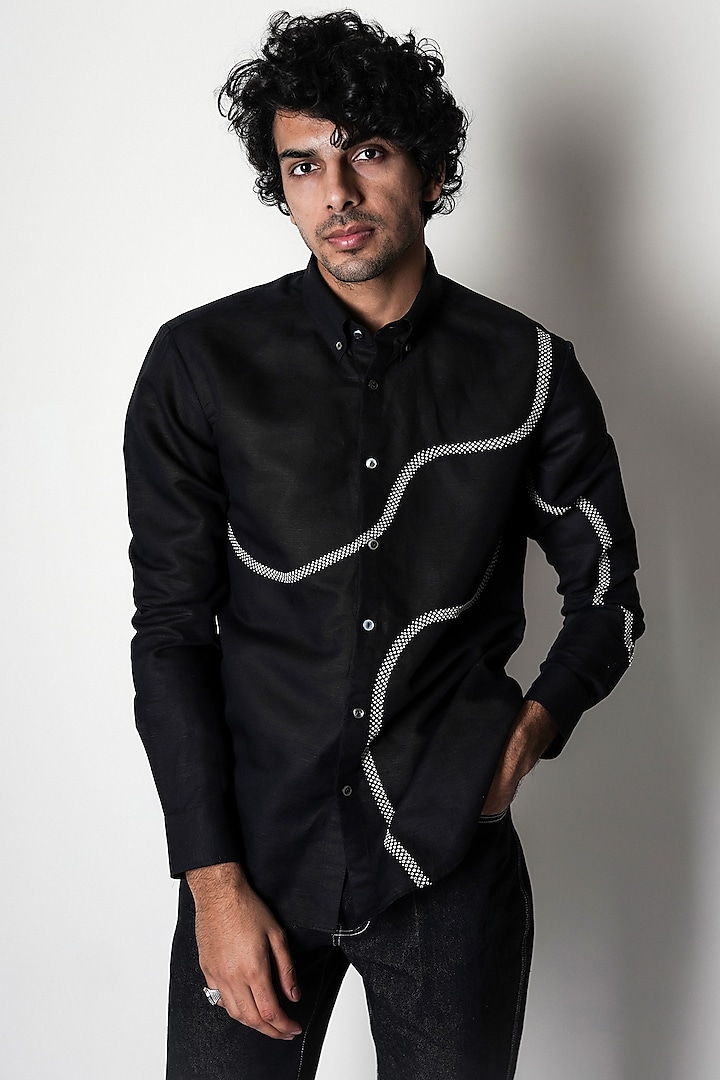 Black Linen Hand Embroidered Shirt by Countrymade