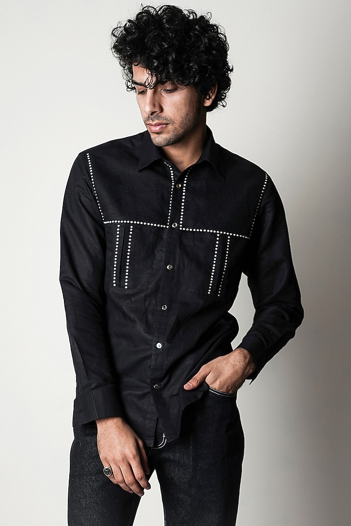 Black Linen Shirt With Embroidery by Countrymade