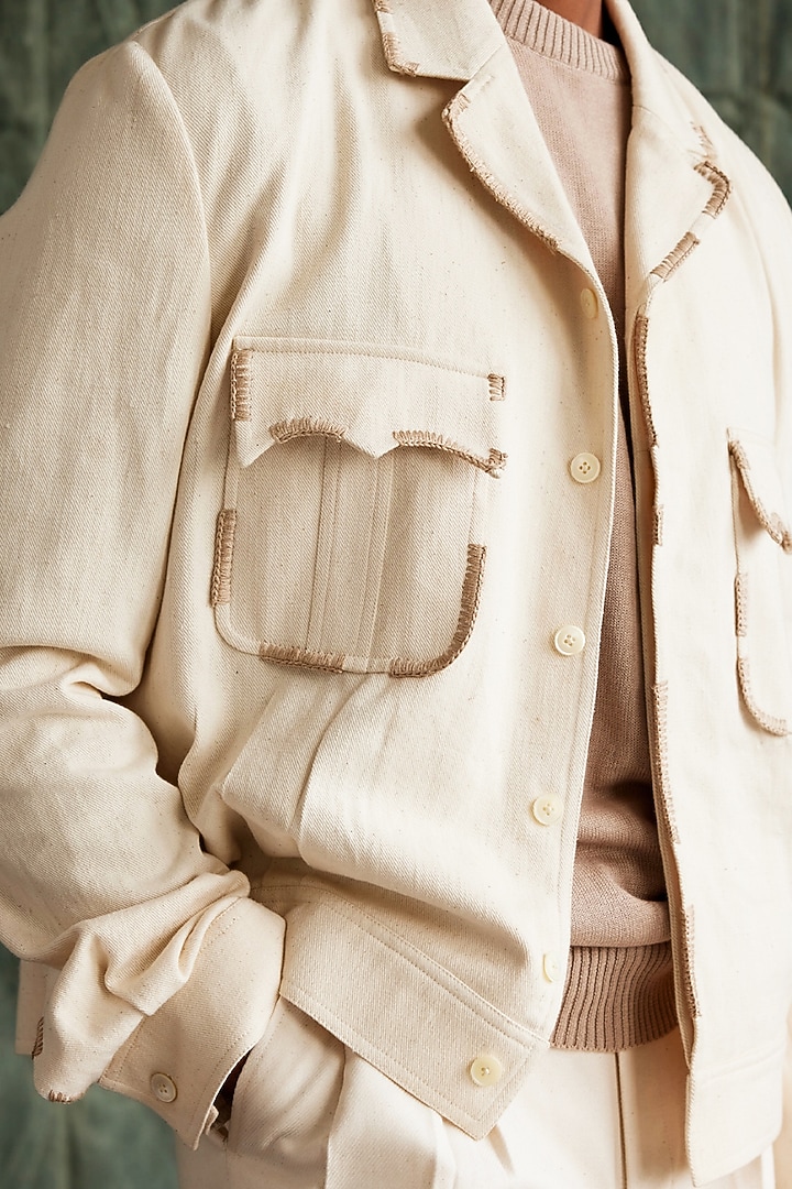 Ecru Organic Handloom Cotton Denim Jacket by Countrymade at Pernia's Pop Up Shop