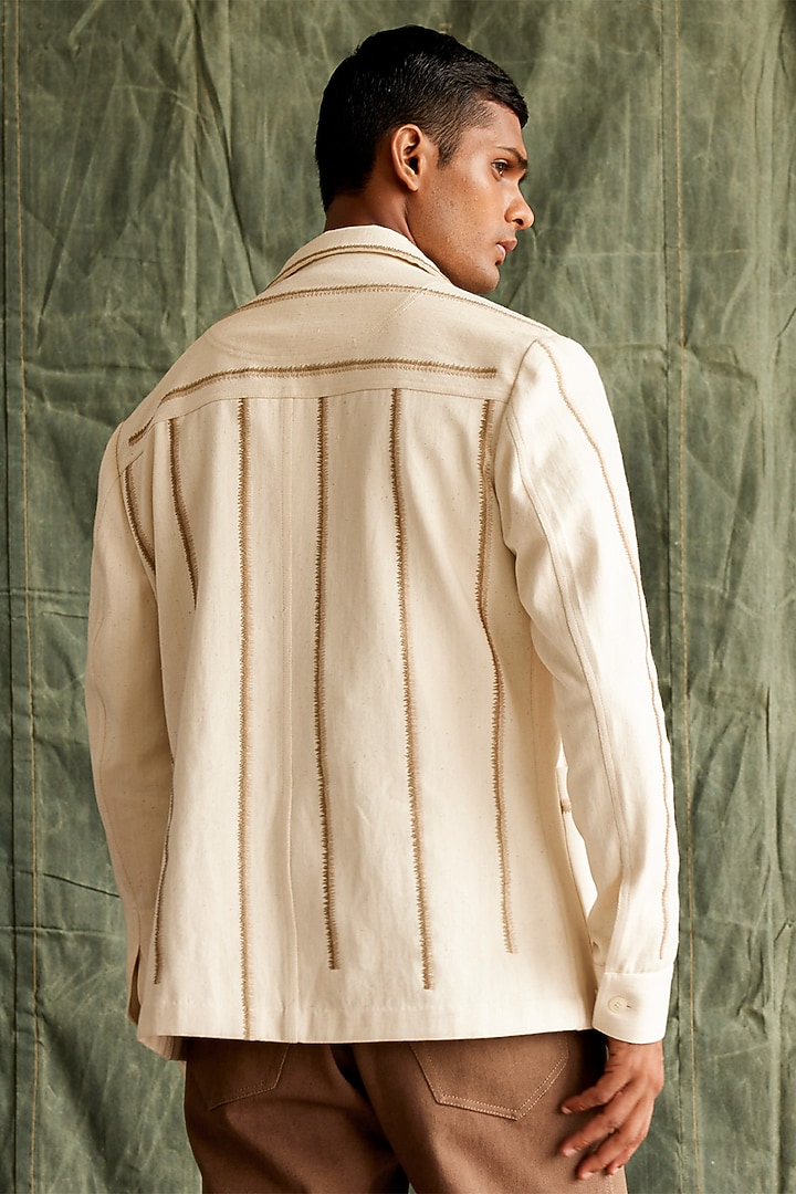 Ecru Organic Handloom Cotton Denim Hand Embroidered Wedding Shirt by Countrymade at Pernia's Pop Up Shop