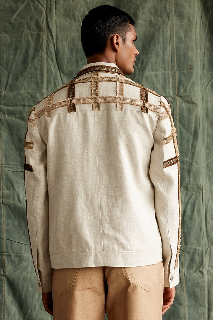 Beige Linen Cotton Hand Embroidered Checkered Jacket by Countrymade at Pernia's Pop Up Shop