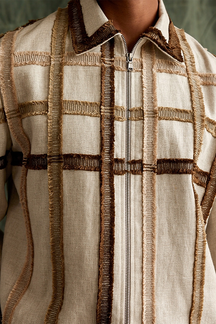 Beige Linen Cotton Hand Embroidered Checkered Jacket by Countrymade at Pernia's Pop Up Shop