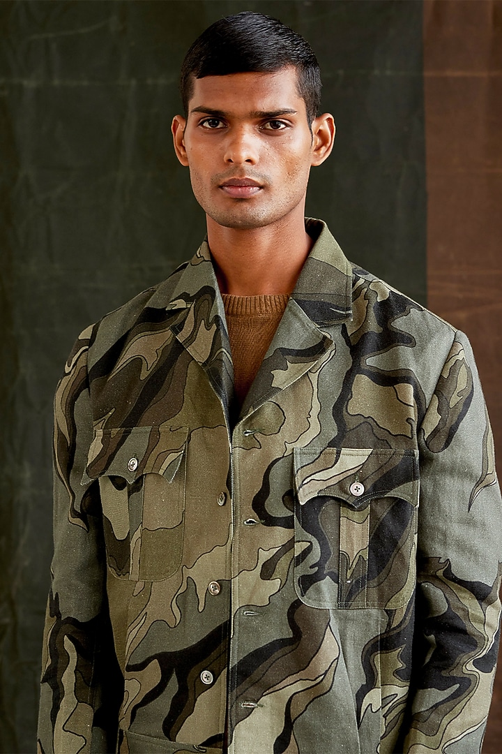 Multi-Colored Hemp Cotton Printed Camouflage Jacket by Countrymade at Pernia's Pop Up Shop