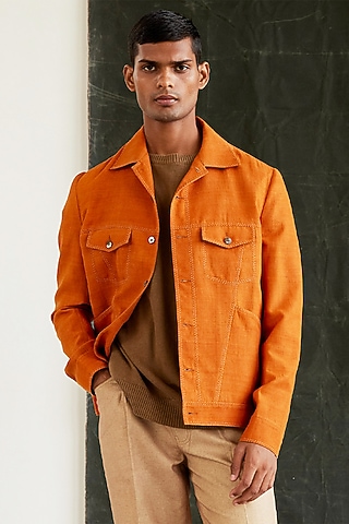 Burnt Orange Matka Silk Hand Stitched Trucker Jacket by Countrymade