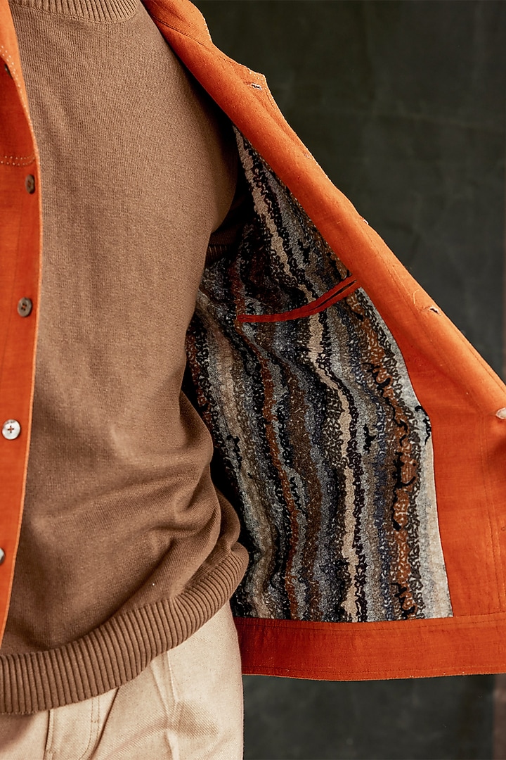 Burnt Orange Matka Silk Hand Stitched Trucker Jacket by Countrymade at Pernia's Pop Up Shop