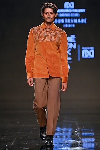 Burnt Orange Cotton Corduroy Hand Embroidered Jacket by Countrymade