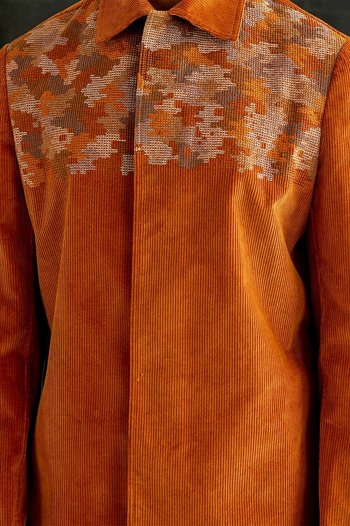 Burnt Orange Cotton Corduroy Hand Embroidered Jacket by Countrymade at Pernia's Pop Up Shop