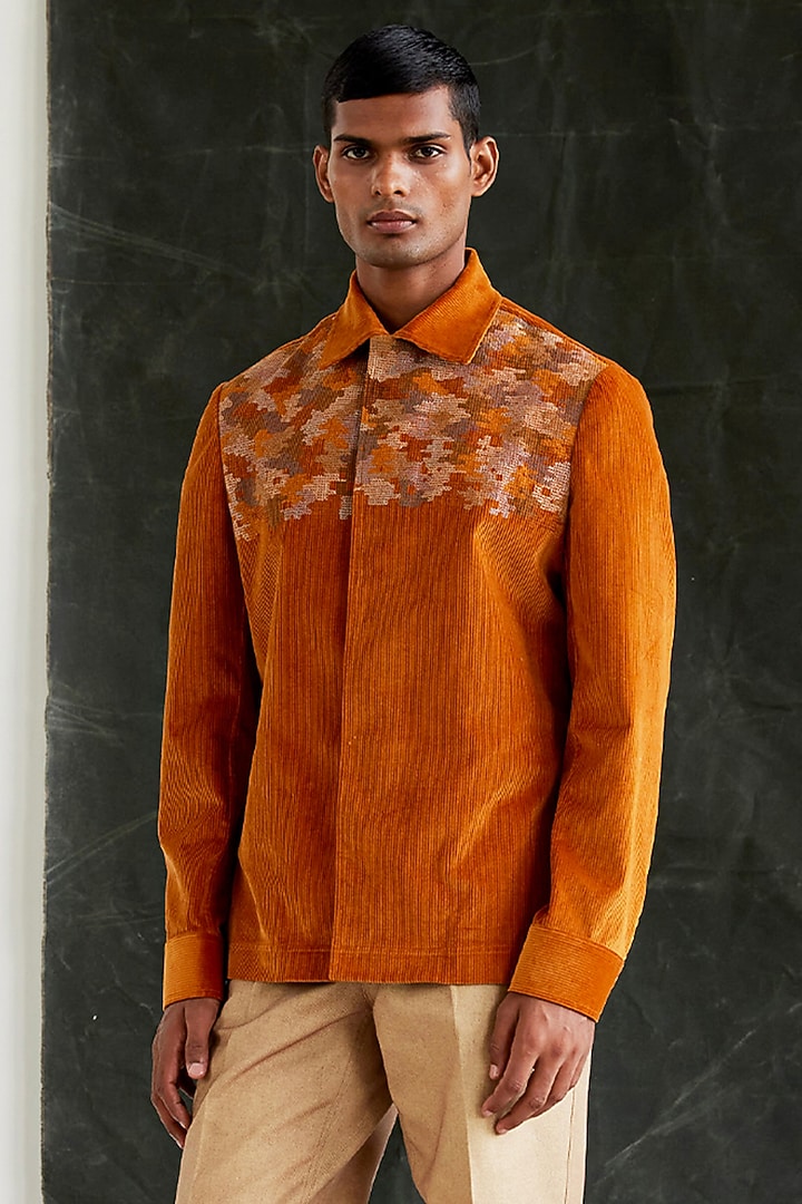 Burnt Orange Cotton Corduroy Hand Embroidered Jacket by Countrymade at Pernia's Pop Up Shop