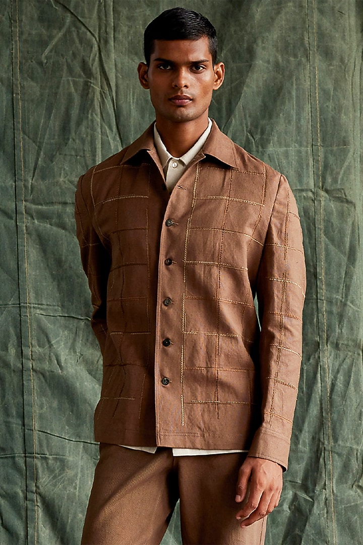 Brown Linen Embroidered Jacket by Countrymade at Pernia's Pop Up Shop