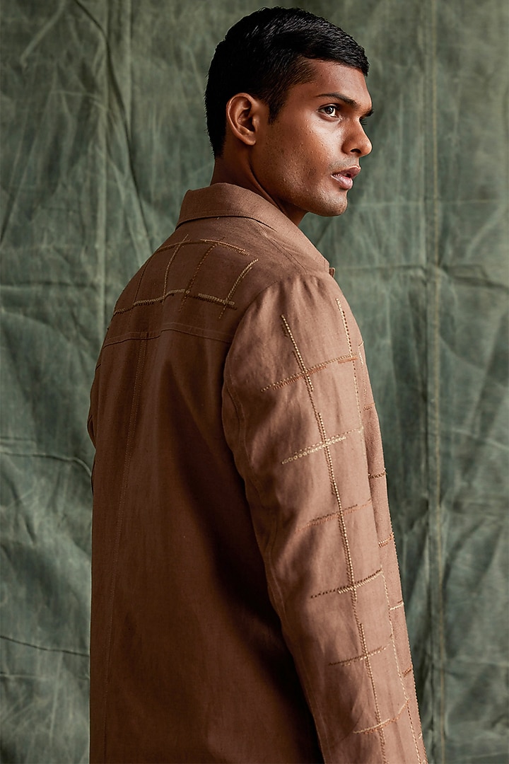 Brown Linen Hand Embroidered Checkered Jacket by Countrymade at Pernia's Pop Up Shop
