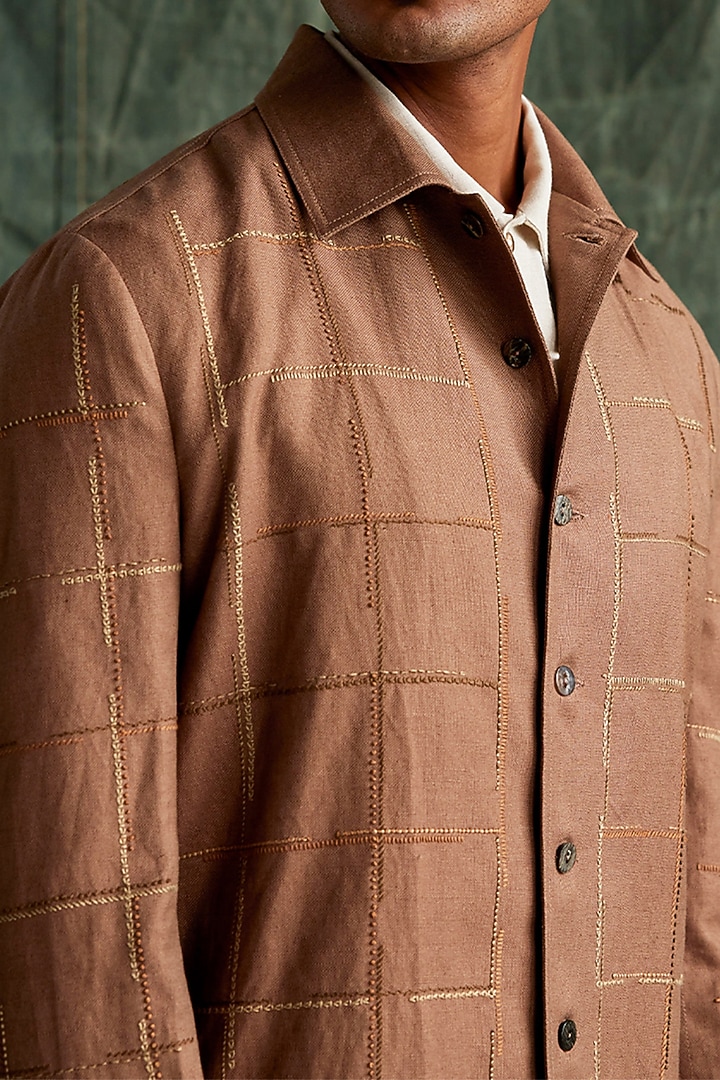 Brown Linen Hand Embroidered Checkered Jacket by Countrymade at Pernia's Pop Up Shop