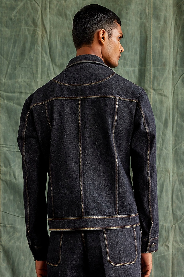 Black Organic Cotton Thread Denim Embroidered Jacket by Countrymade at Pernia's Pop Up Shop