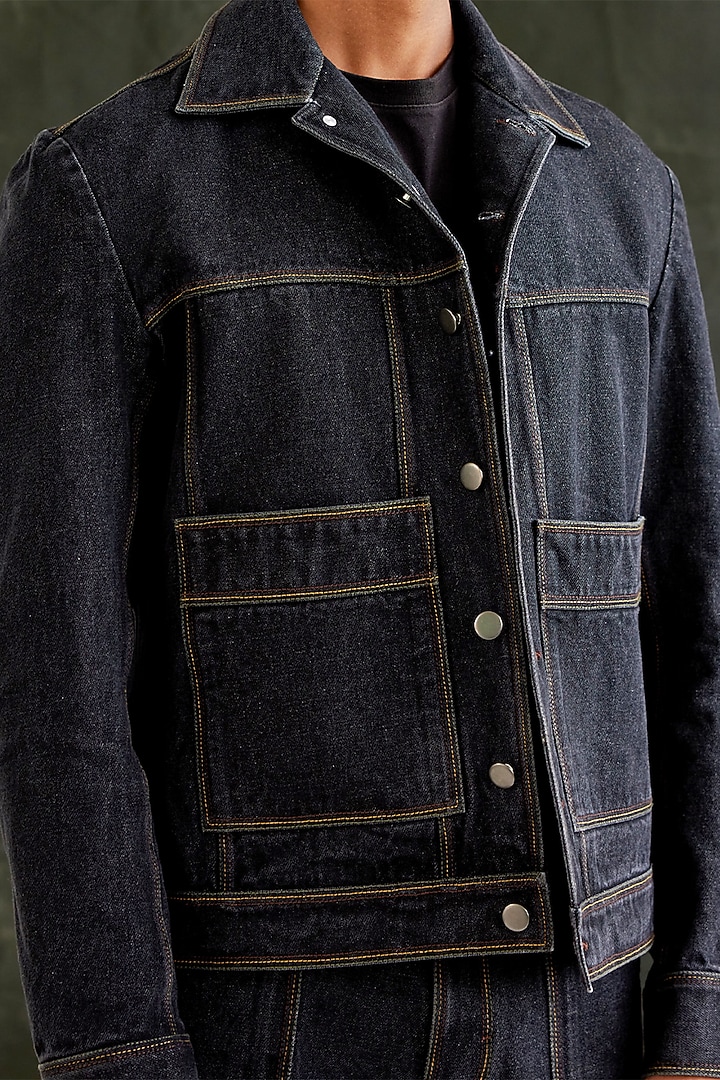 Black Organic Cotton Thread Denim Embroidered Jacket by Countrymade at Pernia's Pop Up Shop