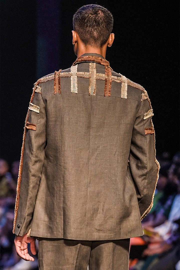Olive Linen Hand Embroidered Checkered Jacket by Countrymade at Pernia's Pop Up Shop