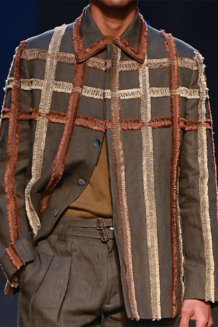 Olive Linen Hand Embroidered Checkered Jacket by Countrymade at Pernia's Pop Up Shop