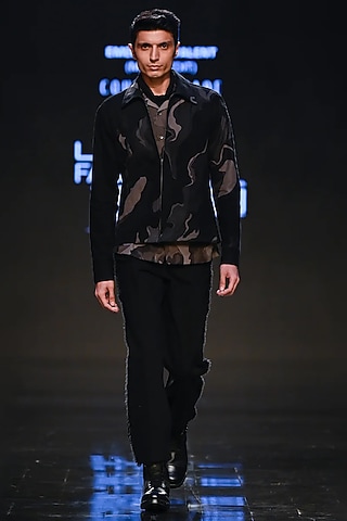 Black Cotton Denim Camo Applique Jacket by Countrymade